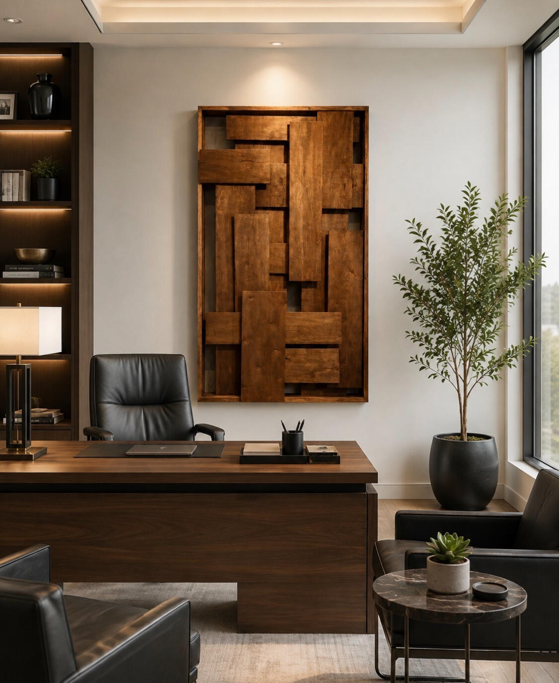 FOUNDATION— Original Art by Teraza Twiggs Built from quality wood and designed with strength and intention, Foundation brings together layers of depth, structure, and character to create a bold architectural presence. a statement piece designed to bring warmth, character, strength into the space.